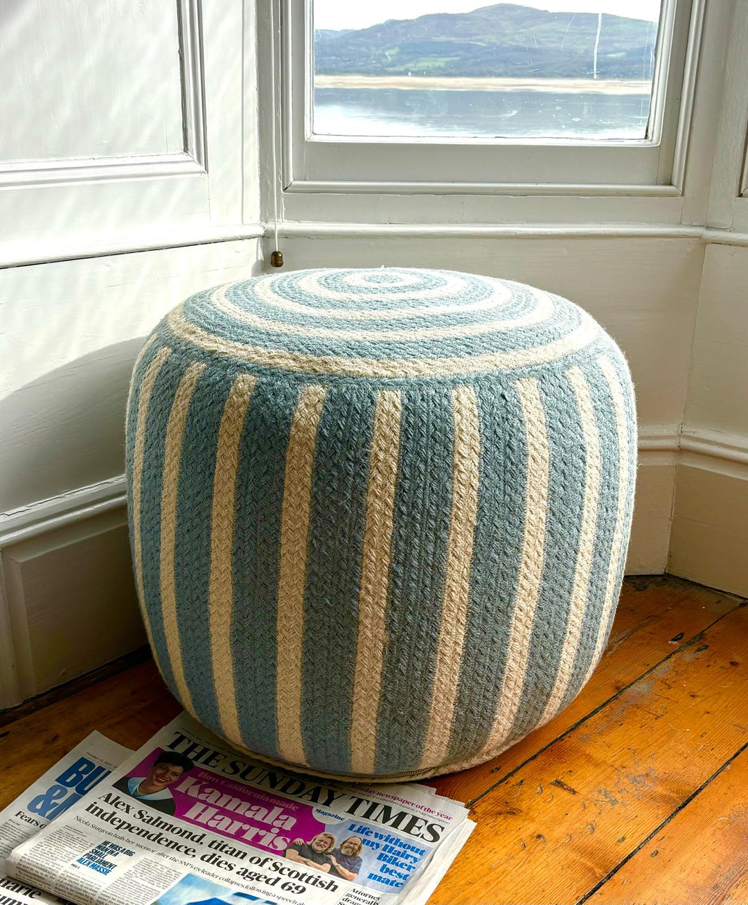 Light Blue Jute Pouffe Large